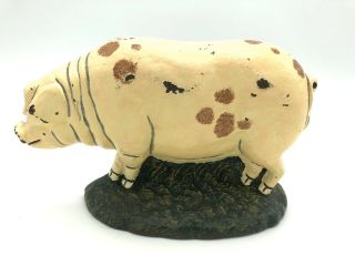 Old Vintage Antique Rustic Hand Painted Cast Iron White Spotted Pig Door Stop - A