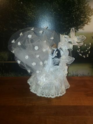 Vintage Bride and Groom Cake Topper Lace White Flowers and Ribbon porcelain 2
