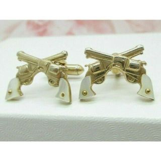 Vintage Cuff Links Swank Revolver Six Gun Mother Of Pearl Handle Gold Tone 1 "
