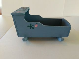 Vintage Hand Painted Wood Doll Cradle Blue With Flowers