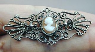 Estate Antique Silver Filigree Hand Carved Shell Cameo Pin