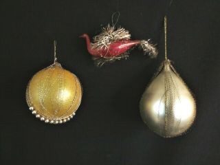 3 Antique Handblown Glass Ornaments; Swan W/ Tinsel & 2 Round Ornaments W/ Wire
