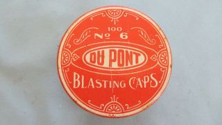 Very Rare Round Red Du Pont Powder Company 100 No.  6 Blasting Cap Tin - Mining