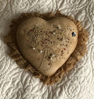 Antique Vintage Pin Cushion Heart Shaped With Lace Trim