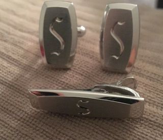 Vintage Silver Tone Hickok Initial S Cufflinks And Tie Bar