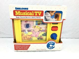 Vintage Shelcore Musical Tv Windup Toy With Moving Screen & Music - Rare