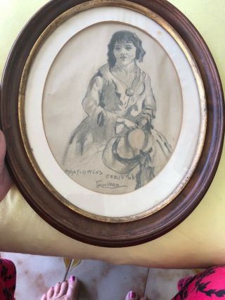 Antique Pencil Drawing Lady Vintage Wood Oval Framed C1848 Mary Owens