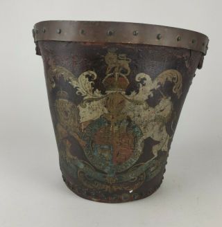 Rare British Leather Fire Bucket Royal Coat Of Arms British Royal Artillery