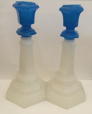 Rare Pair Sandwich Glass Antique Candlesticks Blue Clambroth Flint Eapg C.  1850
