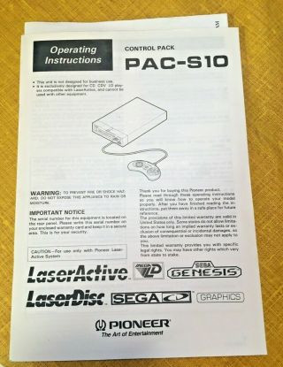 Pac - S10 Operating Instructions Laser Disc Game Unit Booklet - Rare