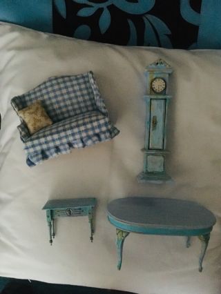 Vintage Doll House Miniatures Geoffrey Bishop Set Tables Sofa Grandfather Clock