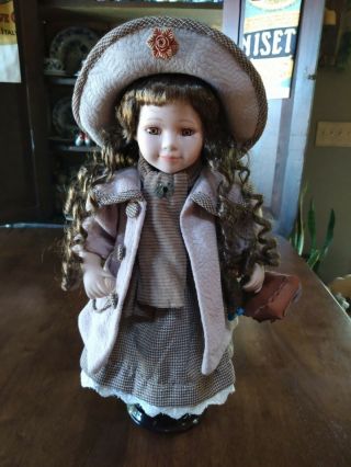 Vintage 16 " Porcelain Bisque Doll Overcoat Hat Rag Doll Purse Stand Cloth Body