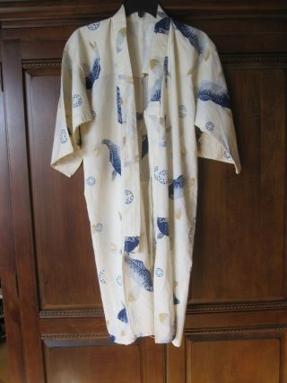 Vintage Antique Japanese Kimono White Cotton W/ Fish Print Completely Hand Sewn