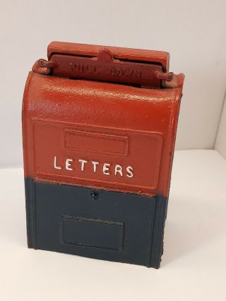 Antique Vintage Cast Iron Mail Box Coin Bank Red/blue Paint