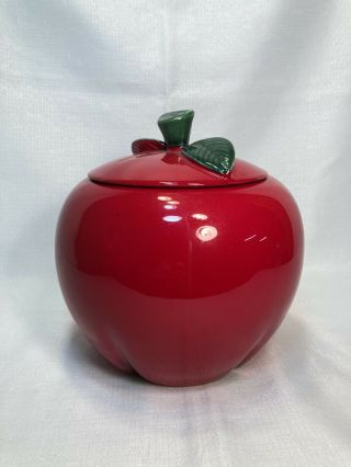 Vintage Antique Mid Century Ceramic Red Apple Lidded Cookie Jar Canister 9 " D4