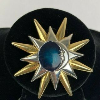 Vintage Liz Claiborne Celestial Sun Moon Star Pin Brooch Enamel Gold Silver Tone