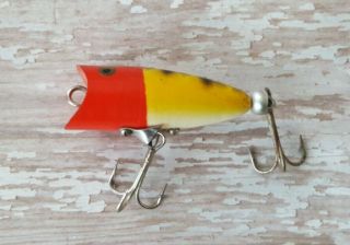 Vintage Heddon Chugger Spook Fishing Lure Yellow Body Red White With Scales