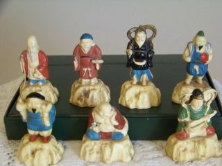 7 Antique Celluloid Japanese Lucky Gods Figurines