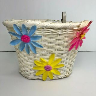 Vintage White Flowered Bicycle Basket Pink Blue Yellow Childhood Memories