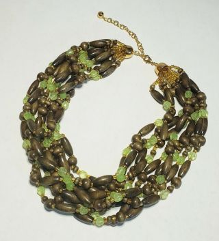 Vintage Joan Rivers Gold Tone & Brown Wooden Bead & Crystal Torsade Necklace