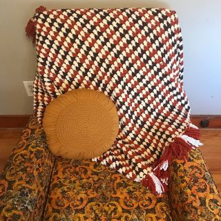 Vtg Afghan Granny Crochet Blanket Fringe Brown Orange Boho Mid Century 70s