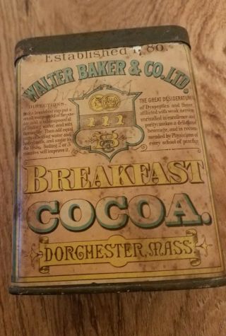 C1920 Walter Baker Chocolate Tin Product 1/2 Pound Breakfast Cocoa Antique
