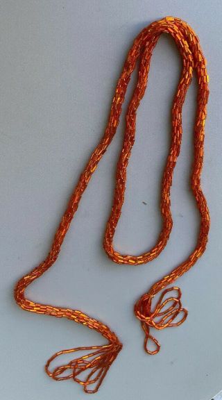 Rare Art Deco Antique Hand Woven Shiny Orange Bead Flapper Tasseled Necklace