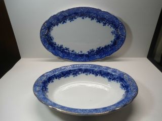 Antique Ridgways Dundee Pattern Flow Blue Serving Bowl And Platter