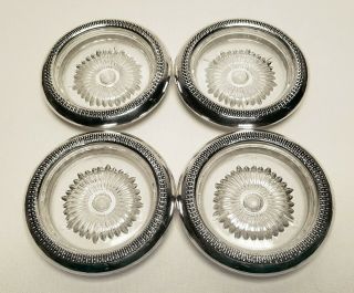 Set Of 4 Vintage Sterling Silver And Cut Glass Coasters 4 " Diameter -