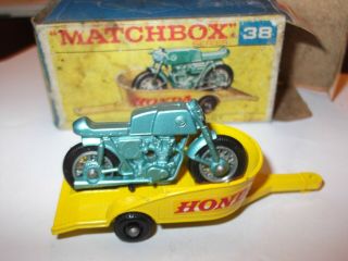 Rare Vintage Matchbox 38 Honda Motorcycle With Trailer Green,  Box