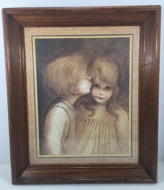 Vintage Margaret Kane " Little Kiss " Print Wood Framed Big Eyes Child (20”x17”)