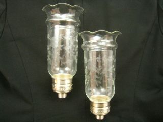 Pair Sterling Silver & Etch Glass Hurricane Shade Candle Holders,  No Bases