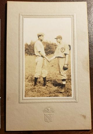 Antique Early 20th Century Baseball Cabinet Photograph Two Players Shake Hands