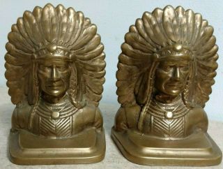 Antique Book Ends Native American Chief Heavy Brass 4 Each Set Of 2