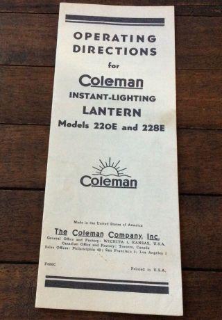Vintage Coleman Instant Lighting Lantern - 220e & 228e Directions Brochure