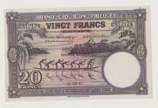 Belgian Congo P 15a 20 Francs 10.  03.  1942 Longboat Elephants Rare Vg/f