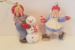 Vintage Kurt Adler Raggedy Ann And Andy 4 " Holiday Ornaments Ice Skating Snowman