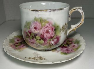 Vintage Moustache Tea Cup And Saucer - White Cup W/ Pink And Gold Flower Accents