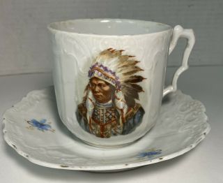 Vintage Moustache Tea Cup And Saucer - White Cup W/ Native American & Gold Accents