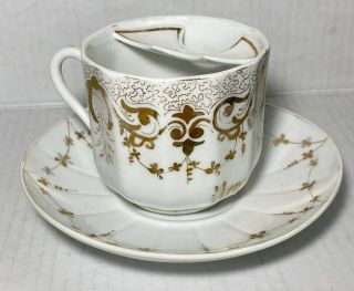 Vintage Moustache Tea Cup And Saucer - White Tea Cup W/gold Flowers “remember Me”
