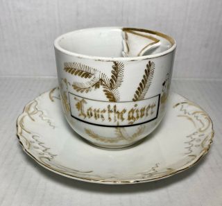 Vintage Moustache Tea Cup And Saucer - White Cup W/gold Flowers “love The Giver”