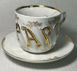 Vintage Moustache Tea Cup And Saucer - White W/gold Flowers And Gold Papa