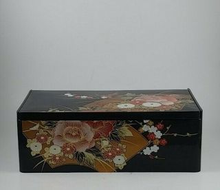 Tissue Box Holder With Hinged Cover Mirror On Inner Lid Asian Decor Black