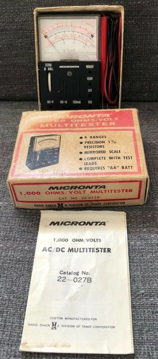 Vintage Radio Shack Micronta 1000 Ohms Volt Multitester 22 - 027b Box Euc