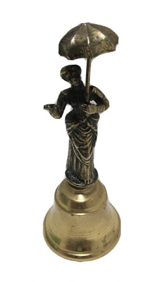 Antique Bell Vintage Elegant Lady Woman With Umbrella Brass Figural 4 " Tall