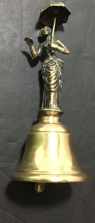 Antique Bell Vintage Elegant Lady Woman with Umbrella Brass Figural 4 