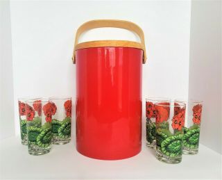 Rare Mcm Georges Briard Glasses & Ice Bucket Set 60s Red Poppies Flowers Euc