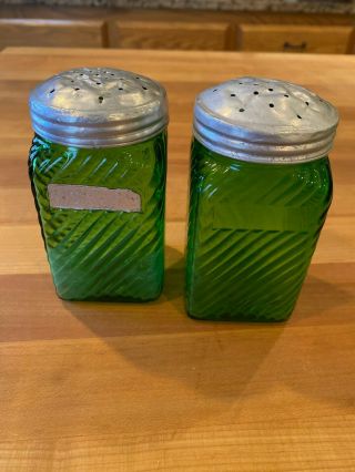 Antique Green Hoosier Glass Jars Salt & Pepper Shakers Ribbed