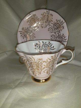Vintage Queen Anne England Bone China Pink Gold Gilt Teacup And Saucer