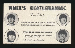 Beatles Very Rare 1965 Wmex Fan Club Photo Membership Card Rare One Indeed